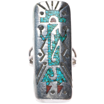 sz8 vintage Navajo sterling silver Kachina chip inlay turquoise ring