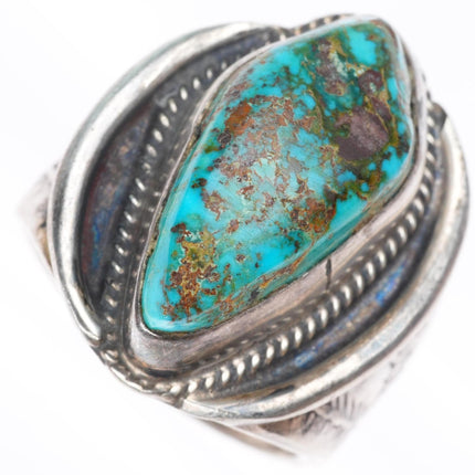 sz12 vintage Navajo Pilot Mountain turquoise stamped sides sterling silver ring