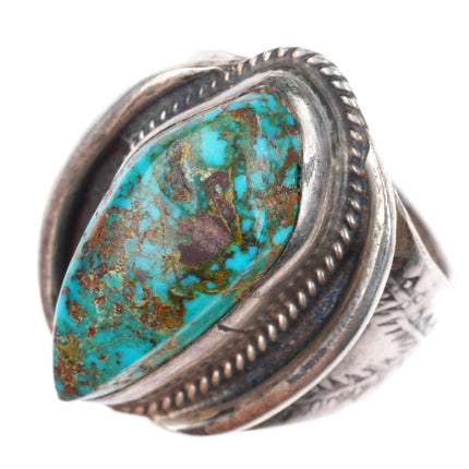 sz12 vintage Navajo Pilot Mountain turquoise stamped sides sterling silver ring