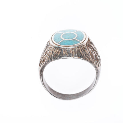 sz11.5 vintage Navajo sterling silver chip inlay turquoise textured ring
