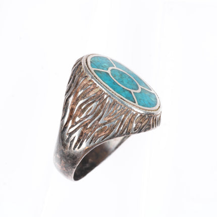 sz11.5 vintage Navajo sterling silver chip inlay turquoise textured ring