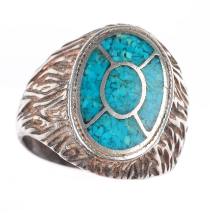 sz11.5 vintage Navajo sterling silver chip inlay turquoise textured ring