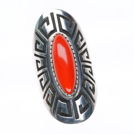 sz7.75 Bobby Tewa Hopi overlay sterling silver Mediterranean coral ring