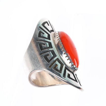 sz7.75 Bobby Tewa Hopi overlay sterling silver Mediterranean coral ring