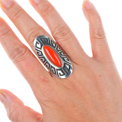 sz7.75 Bobby Tewa Hopi overlay sterling silver Mediterranean coral ring