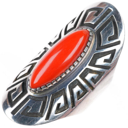 sz7.75 Bobby Tewa Hopi overlay sterling silver Mediterranean coral ring