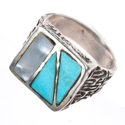 sz10.5 vintage southwestern sterling silver turquoise and shell inlay ring
