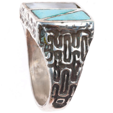 sz10.5 vintage southwestern sterling silver turquoise and shell inlay ring