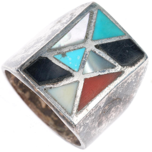 sz10.5 vintage Zuni sterling silver turquoise/coral/shell inlay size 10.5 ring