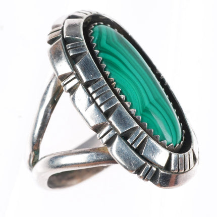 sz7 vintage Navajo sterling silver Malachite ring with ornate rim