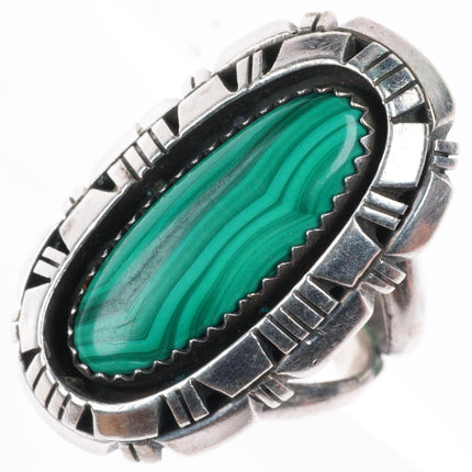 sz7 vintage Navajo sterling silver Malachite ring with ornate rim