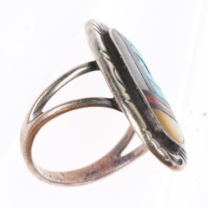 sz8 Adeline Bowannie Zuni sterling silver turquoise/coral/shell inlay ring