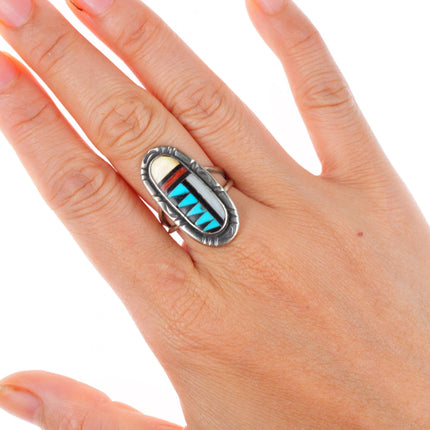 sz8 Adeline Bowannie Zuni sterling silver turquoise/coral/shell inlay ring