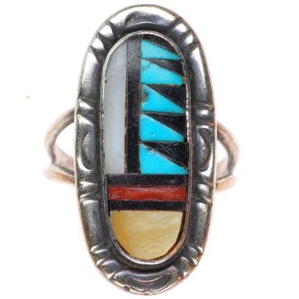 sz8 Adeline Bowannie Zuni sterling silver turquoise/coral/shell inlay ring