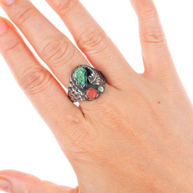 sz11 vintage Navajo or Zuni sterling silver turquoise and coral size 11 ring