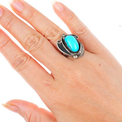 sz6 vintage Navajo sterling silver turquoise ring with big feather