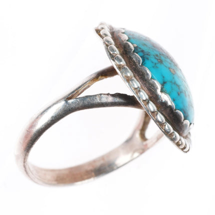 sz8.75 vintage Navajo sterling silver spiderweb turquoise beaded edge ring