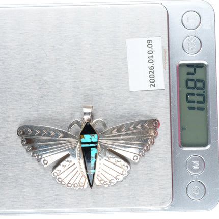 Wayne Etsitty Navajo sterling silver butterfly pendant with turquoise/onyx inlay