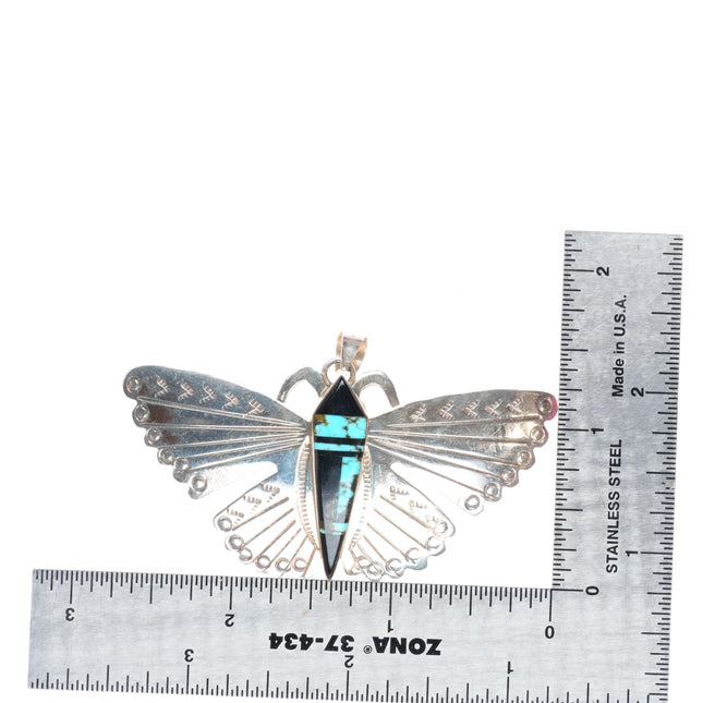 Wayne Etsitty Navajo sterling silver butterfly pendant with turquoise/onyx inlay