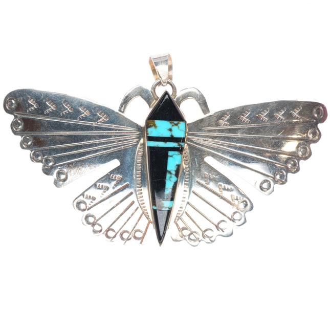 Wayne Etsitty Navajo sterling silver butterfly pendant with turquoise/onyx inlay