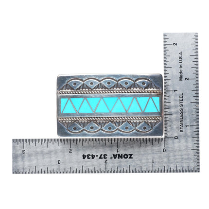 Leonard Paquin Laguna - Zuni inlaid turquoise sterling silver buckle for 1" belt