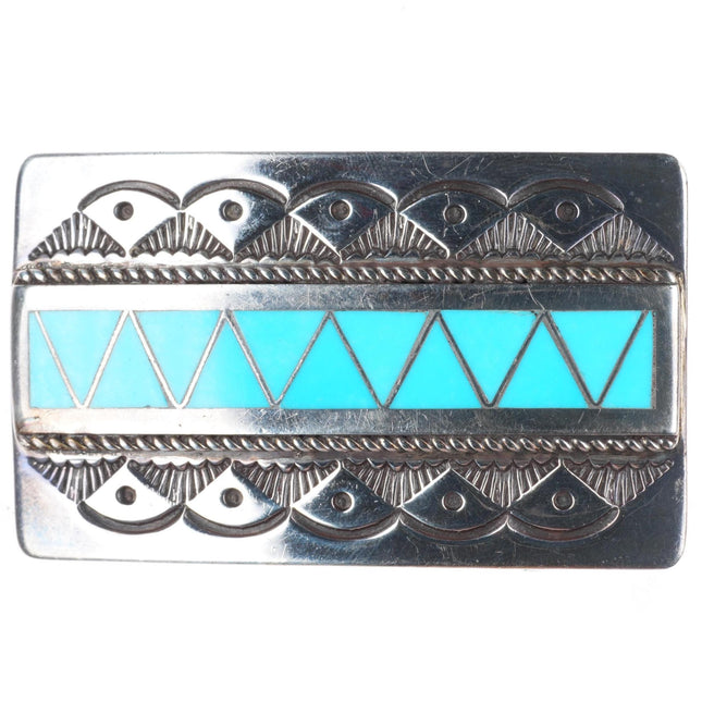 Leonard Paquin Laguna - Zuni inlaid turquoise sterling silver buckle for 1" belt