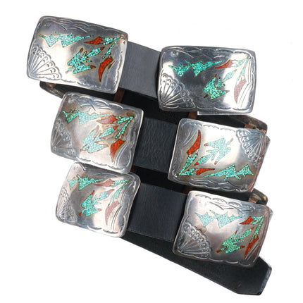 Vintage Navajo sterling silver Peyote Bird Chip inlay turquoise concho belt