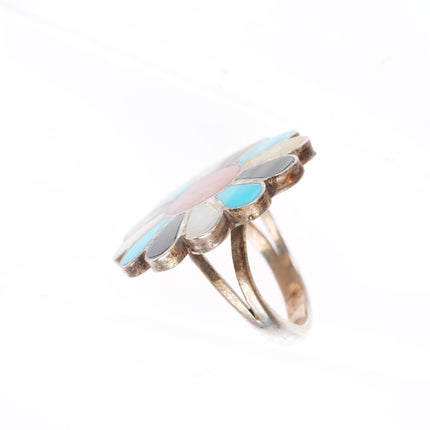 sz7 vintage Zuni sterling silver spiny oyster, turquoise, shell flower/sun ring