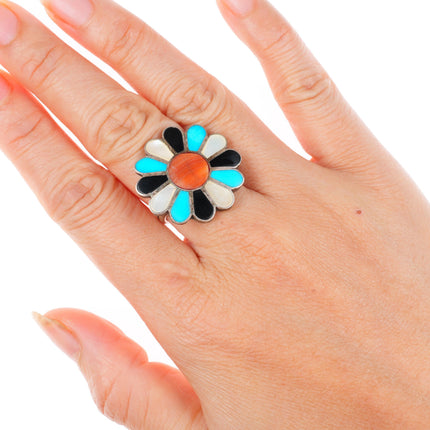 sz7 vintage Zuni sterling silver spiny oyster, turquoise, shell flower/sun ring