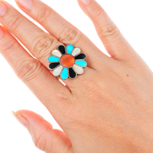 sz7 vintage Zuni sterling silver spiny oyster, turquoise, shell flower/sun ring