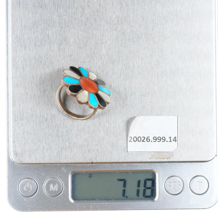 sz7 vintage Zuni sterling silver spiny oyster, turquoise, shell flower/sun ring