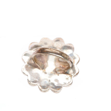 sz4 vintage Zuni sterling silver turquoise, shell, jet flower/sun ring
