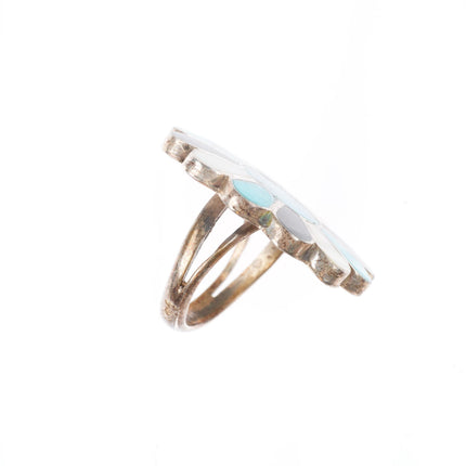 sz4 vintage Zuni sterling silver turquoise, shell, jet flower/sun ring