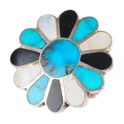 sz4 vintage Zuni sterling silver turquoise, shell, jet flower/sun ring