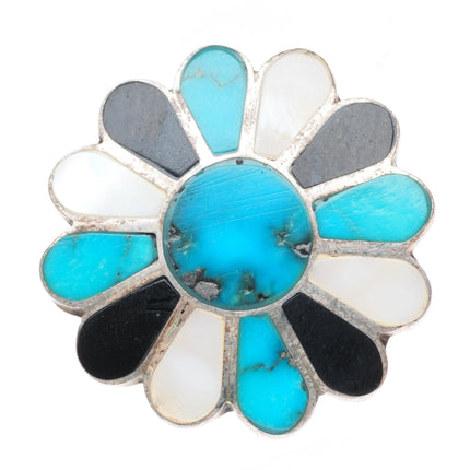 sz4 vintage Zuni sterling silver turquoise, shell, jet flower/sun ring