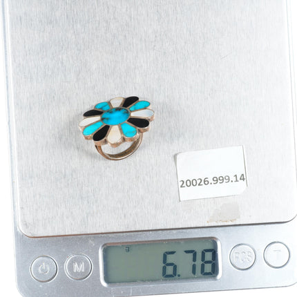 sz4 vintage Zuni sterling silver turquoise, shell, jet flower/sun ring