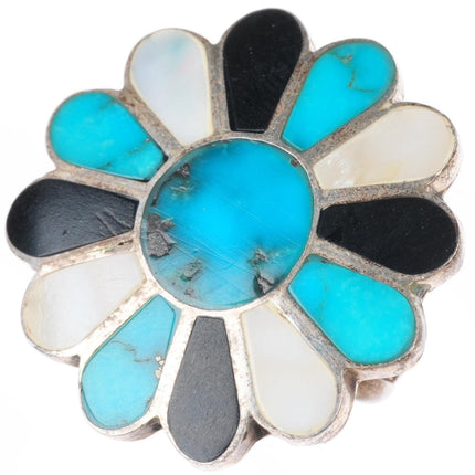 sz4 vintage Zuni sterling silver turquoise, shell, jet flower/sun ring