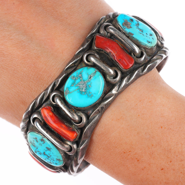 7.5" vintage Pete Paquin Zuni sterling silver turquoise and coral cuff bracelet