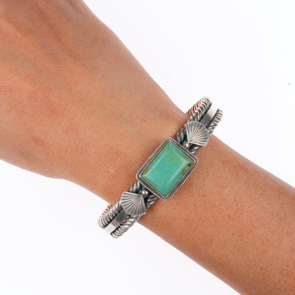 7.1" Steve Arviso Navajo sterling silver twisted wire turquoise cuff bracelet