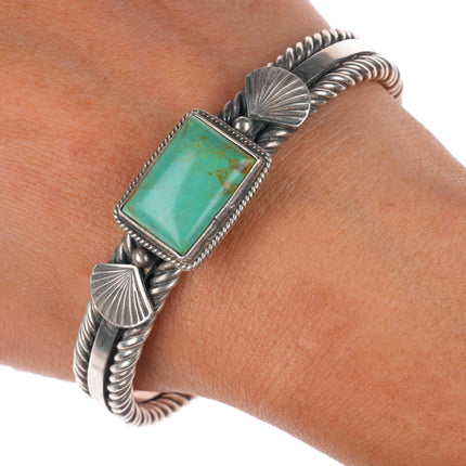 7.1" Steve Arviso Navajo sterling silver twisted wire turquoise cuff bracelet