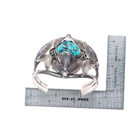 6.4" Vintage Navajo sterling silver intricately stamped cuff bracelet turquoise