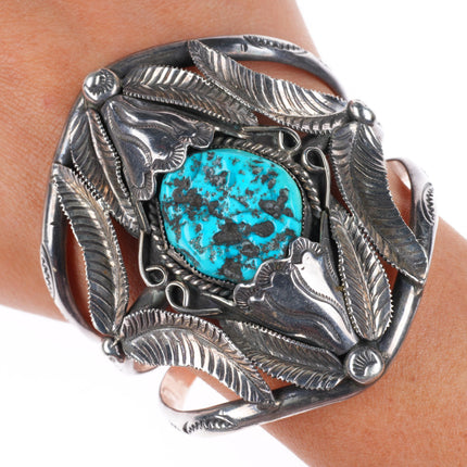 6.4" Vintage Navajo sterling silver intricately stamped cuff bracelet turquoise