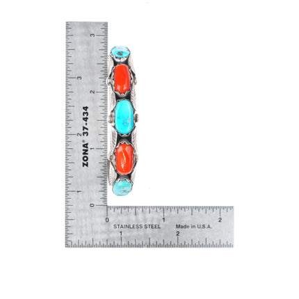 6" Penketewa Zuni sterling silver turquoise and coral row cuff bracelet