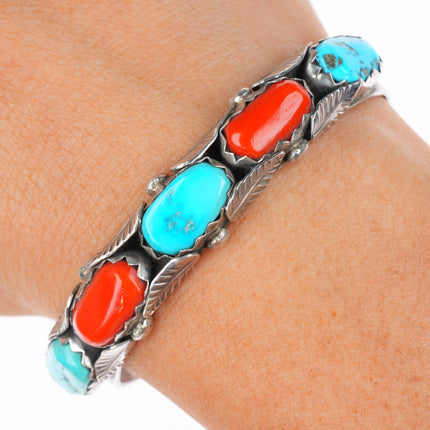 6" Penketewa Zuni sterling silver turquoise and coral row cuff bracelet