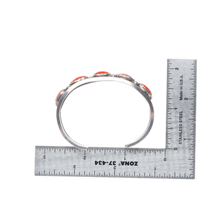 6" F Yazzie Navajo sterling silver Mediterranean coral row cuff bracelet