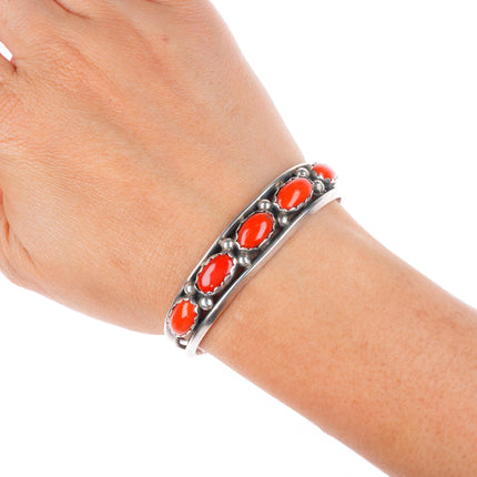 6" F Yazzie Navajo sterling silver Mediterranean coral row cuff bracelet