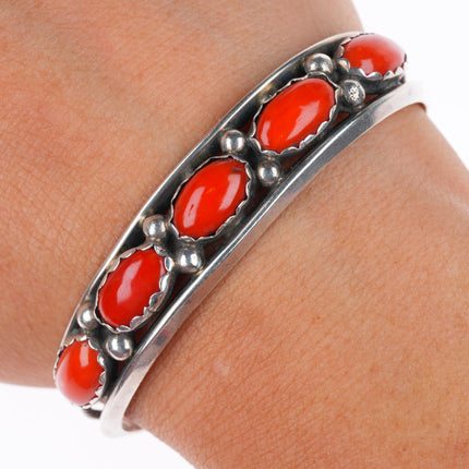 6" F Yazzie Navajo sterling silver Mediterranean coral row cuff bracelet