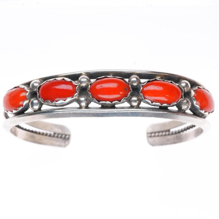 6" F Yazzie Navajo sterling silver Mediterranean coral row cuff bracelet