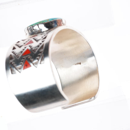 7" LH Navajo sterling silver coral flush inlay turquoise cuff bracelet
