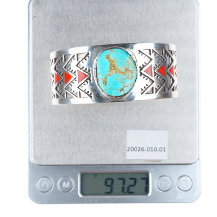 7" LH Navajo sterling silver coral flush inlay turquoise cuff bracelet